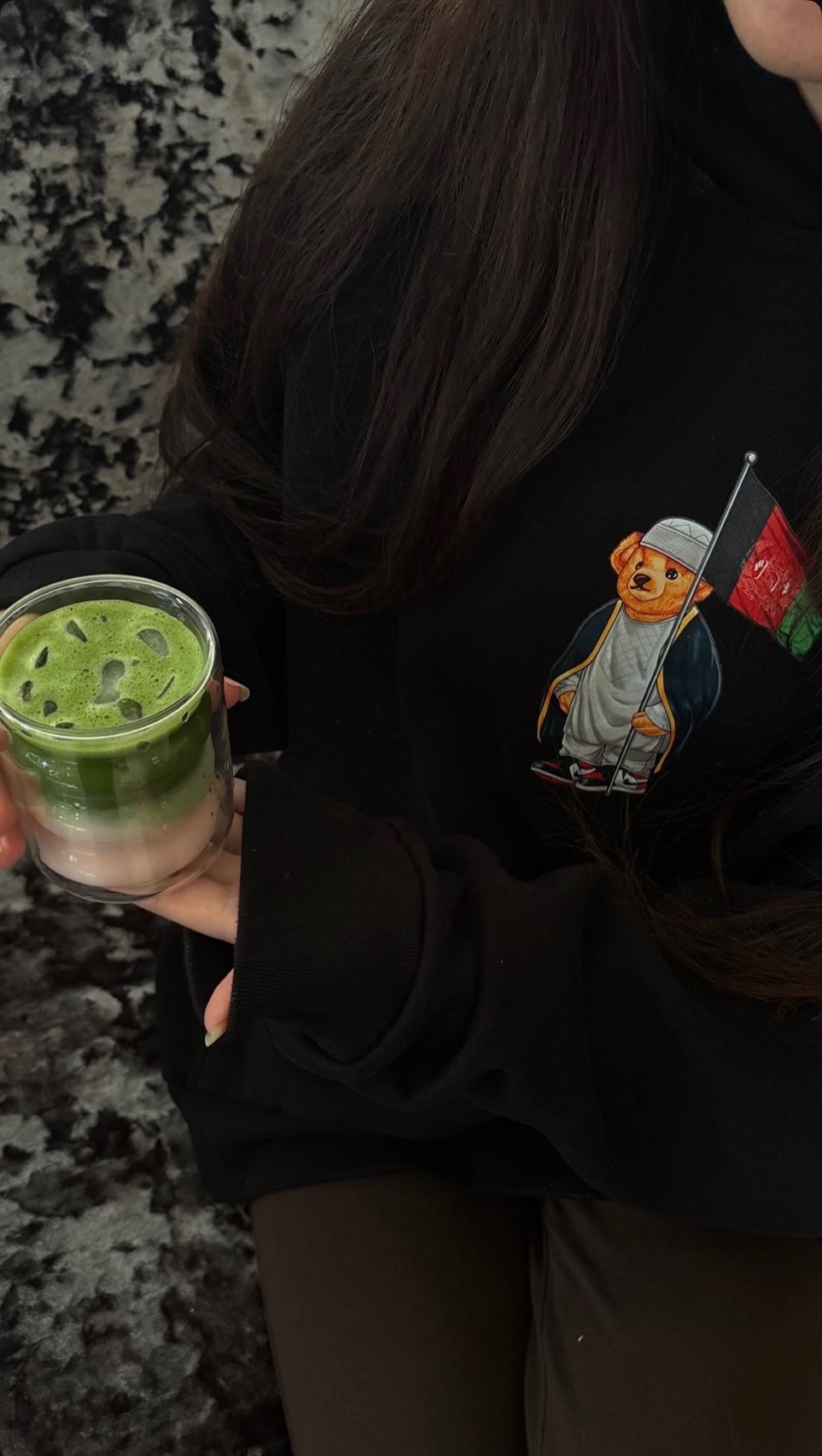 Afghanistan bear hoodie, matcha in hand