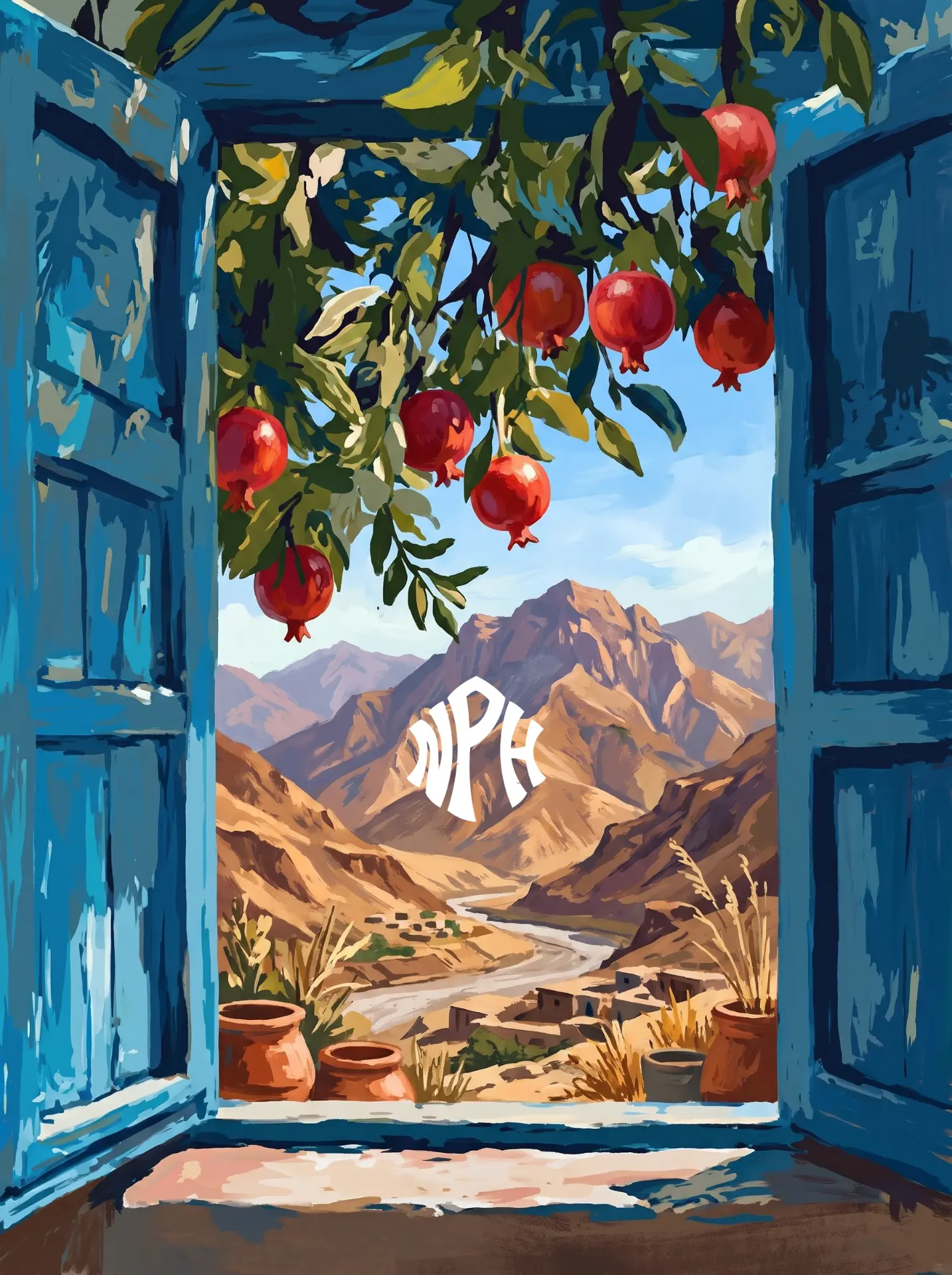 Blue shutters framing a pomegranate tree over an Afghan mountain valley